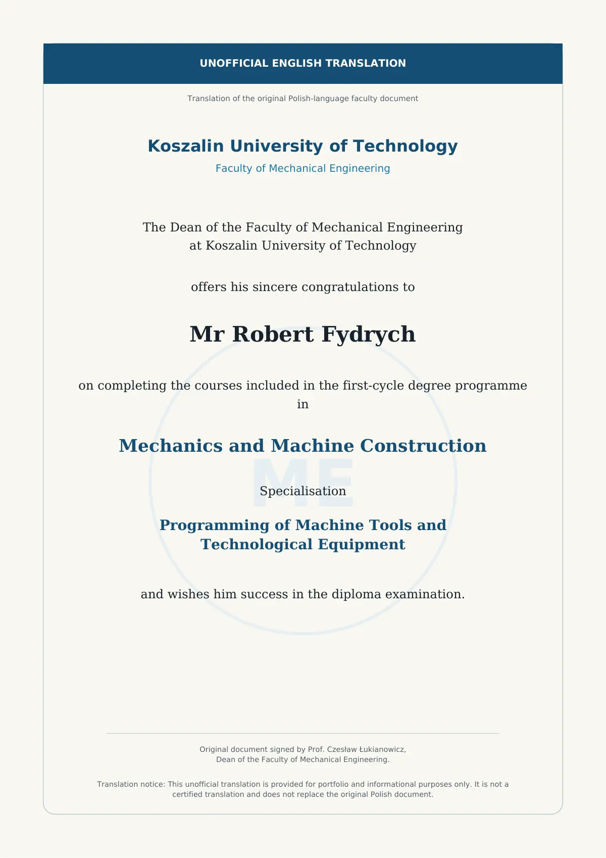 Mechanical Engineering Coursework - English Translation certificate preview