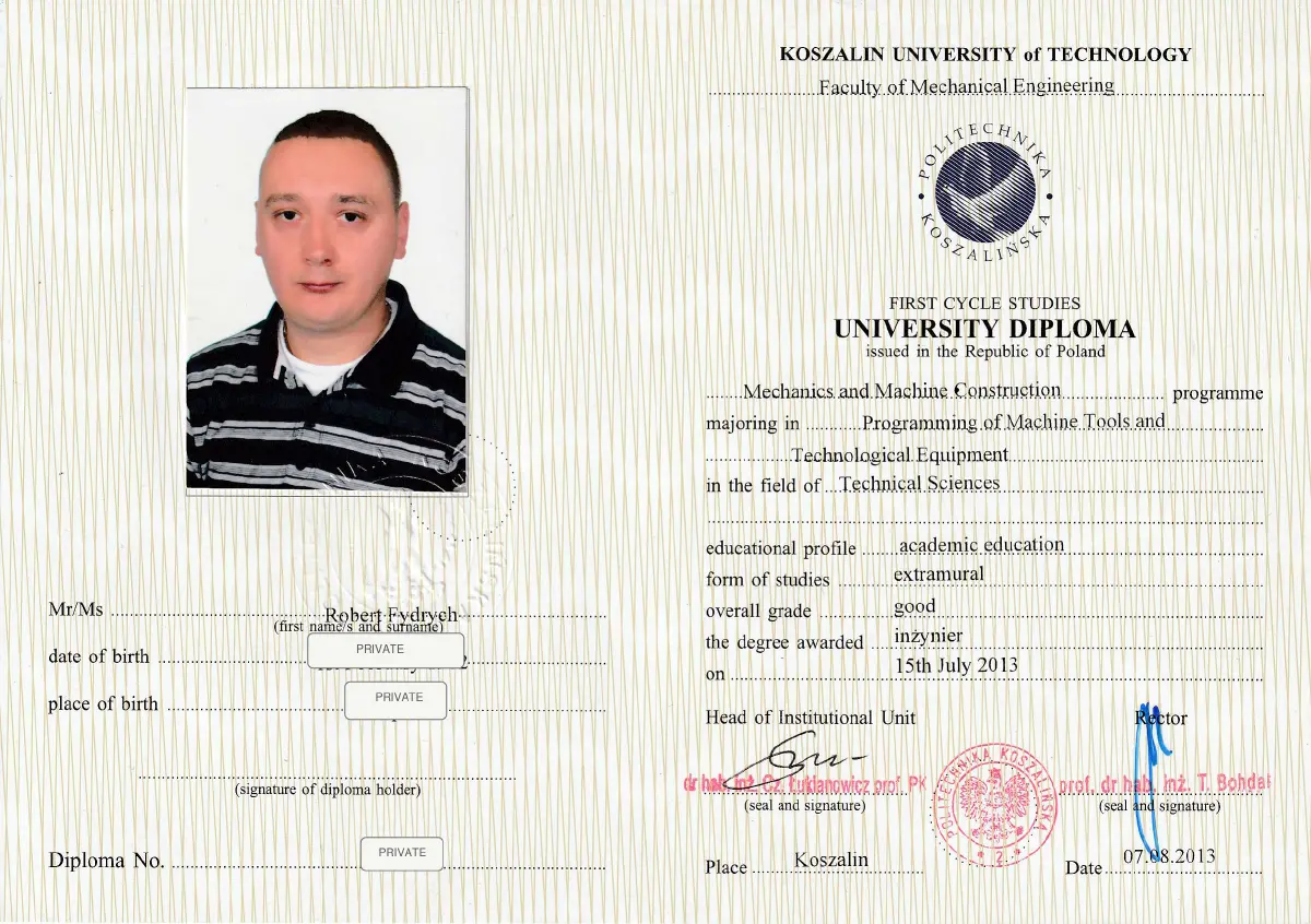 BEng in Mechanics and Machine Construction certificate preview