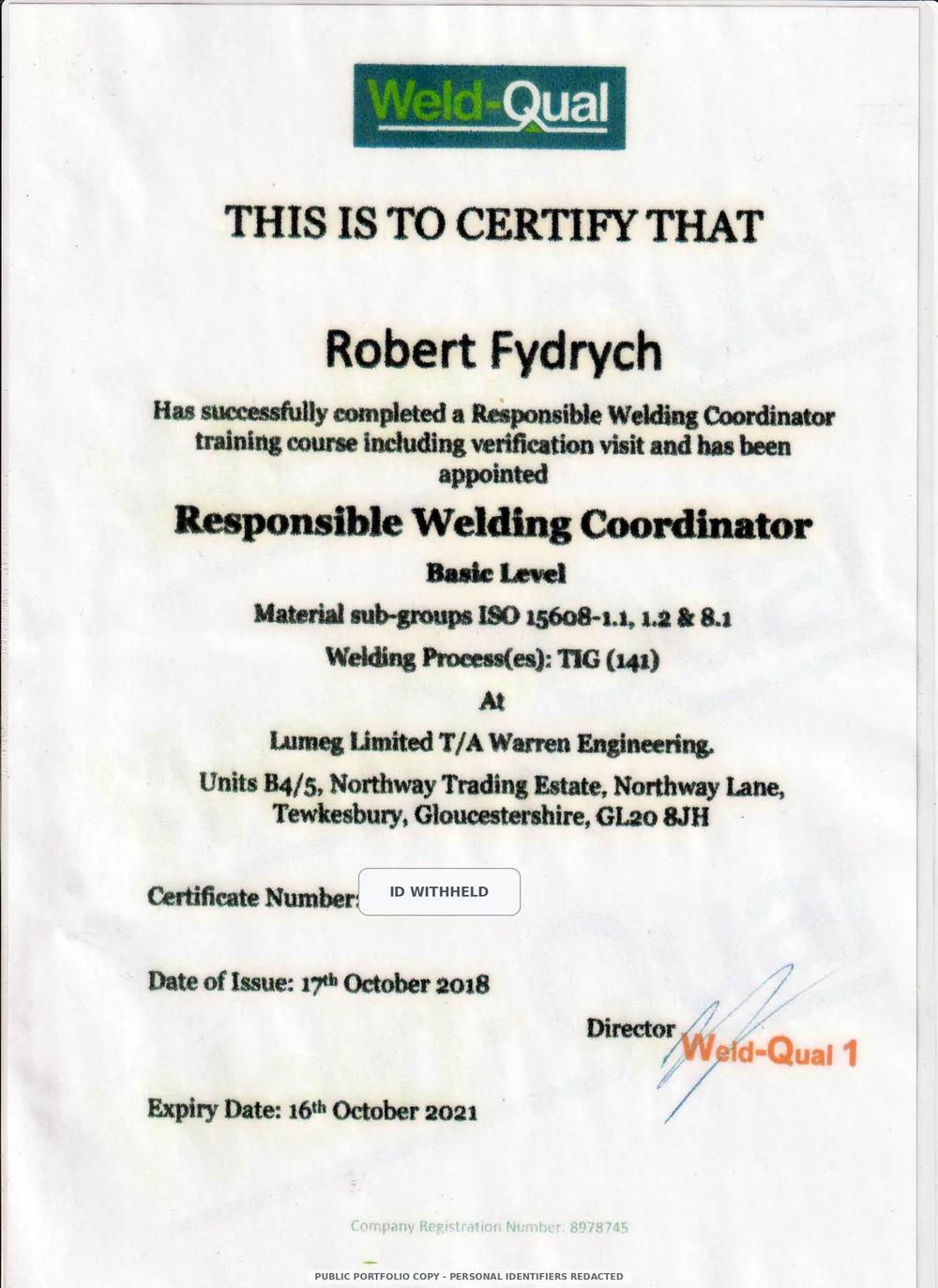 Responsible Welding Coordinator - Basic Level certificate preview