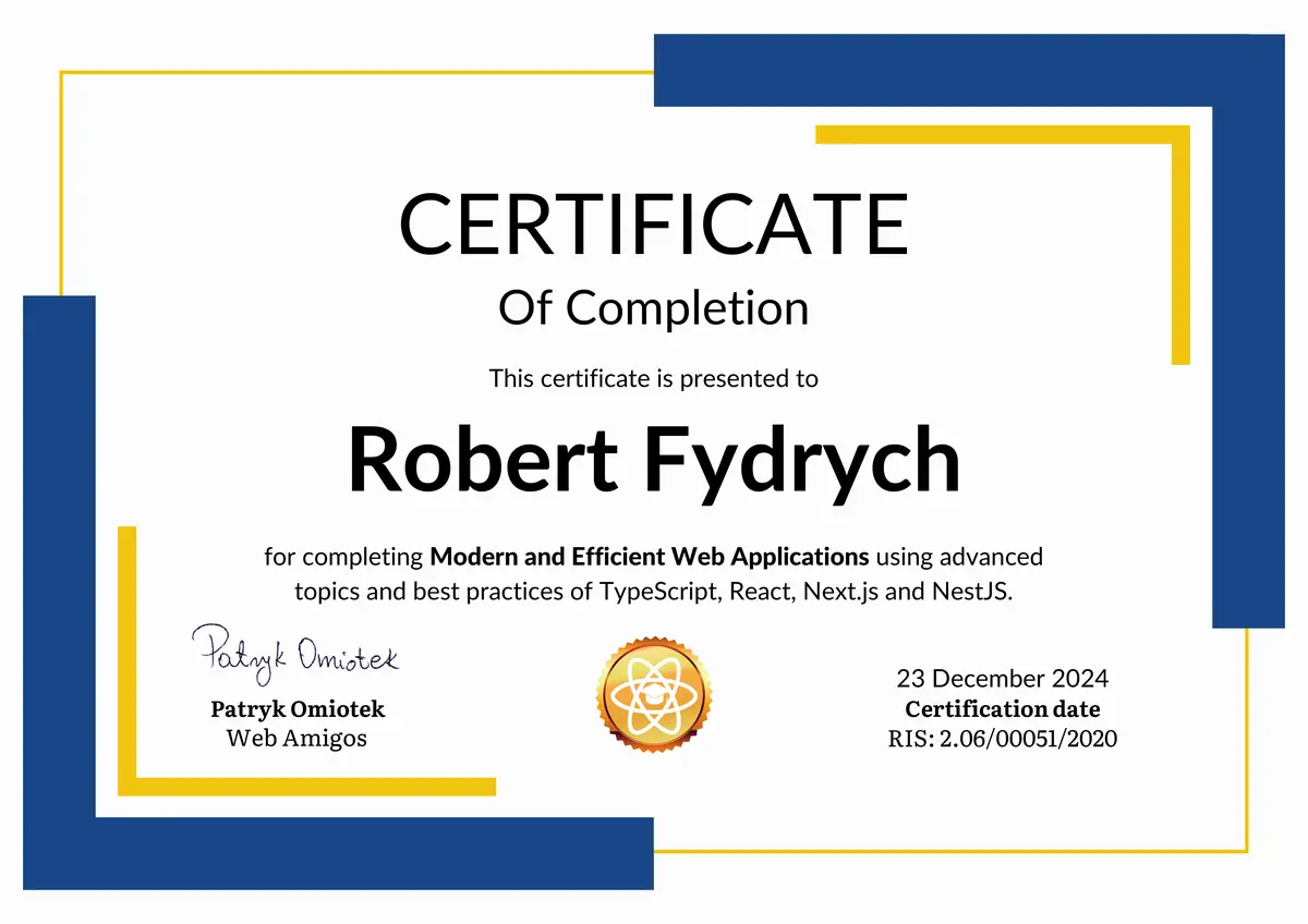Modern and Efficient Web Applications certificate preview
