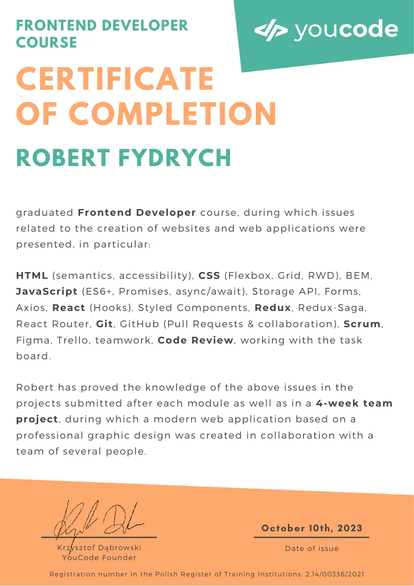 Frontend Developer Course certificate preview