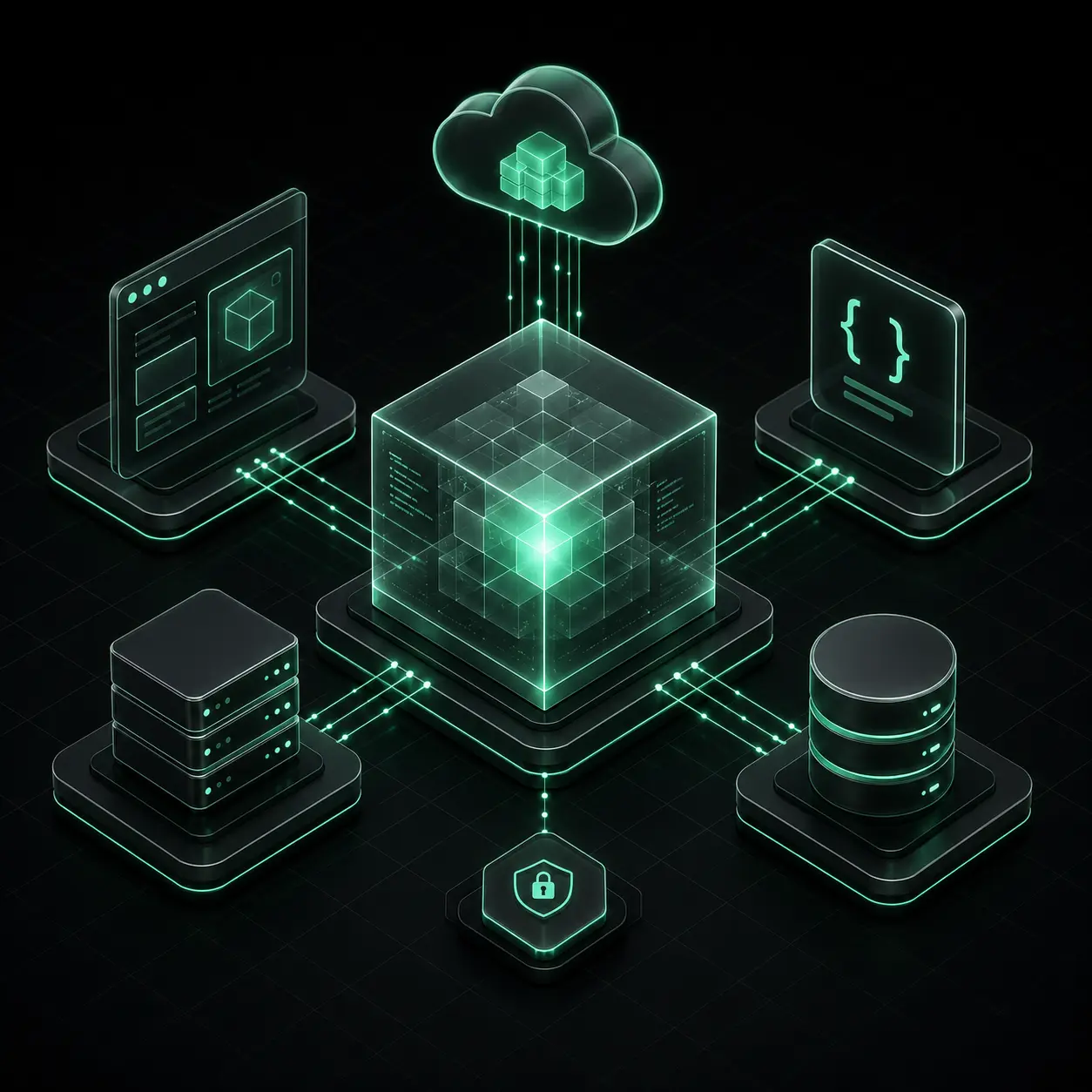 Isometric full-stack application architecture with connected services