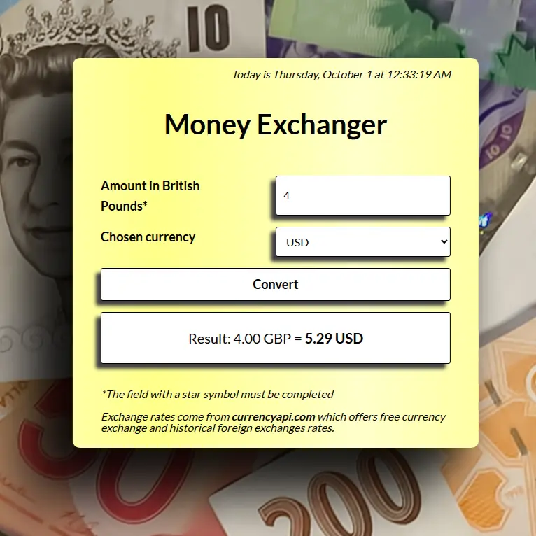 React money exchanger converting British pounds into another currency