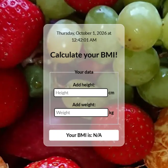 JavaScript BMI calculator displayed over a fruit background