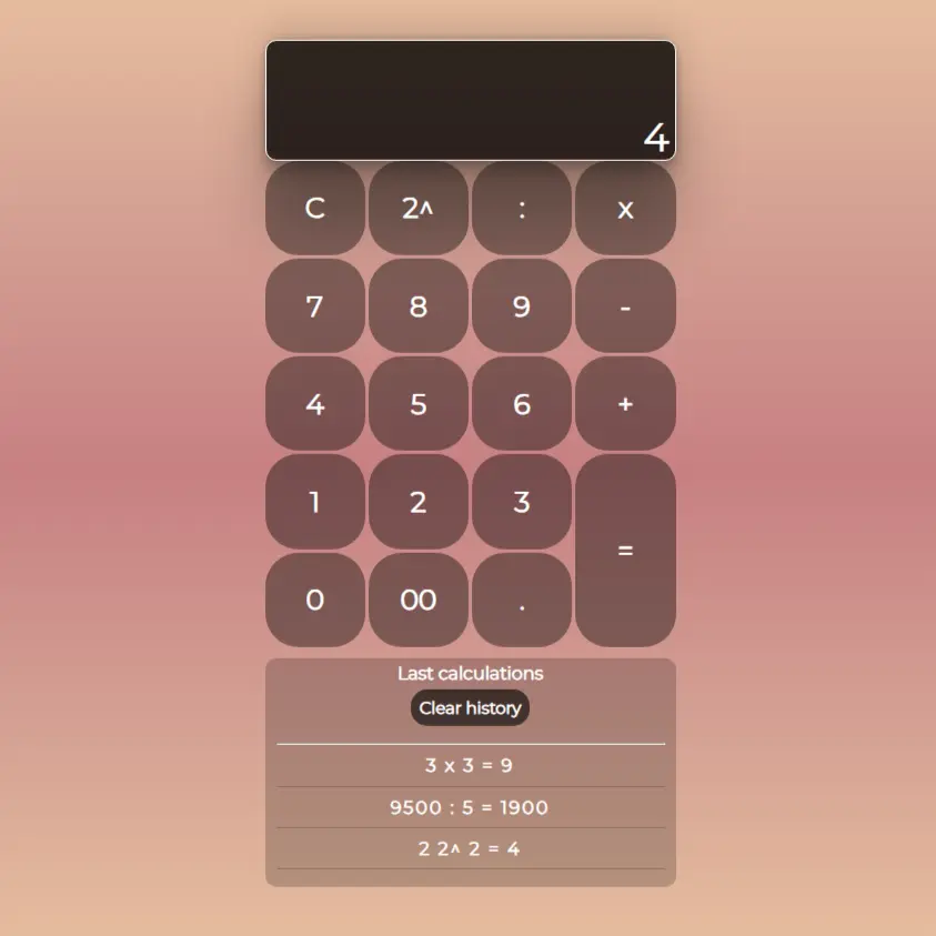 JavaScript calculator with a calculation history panel