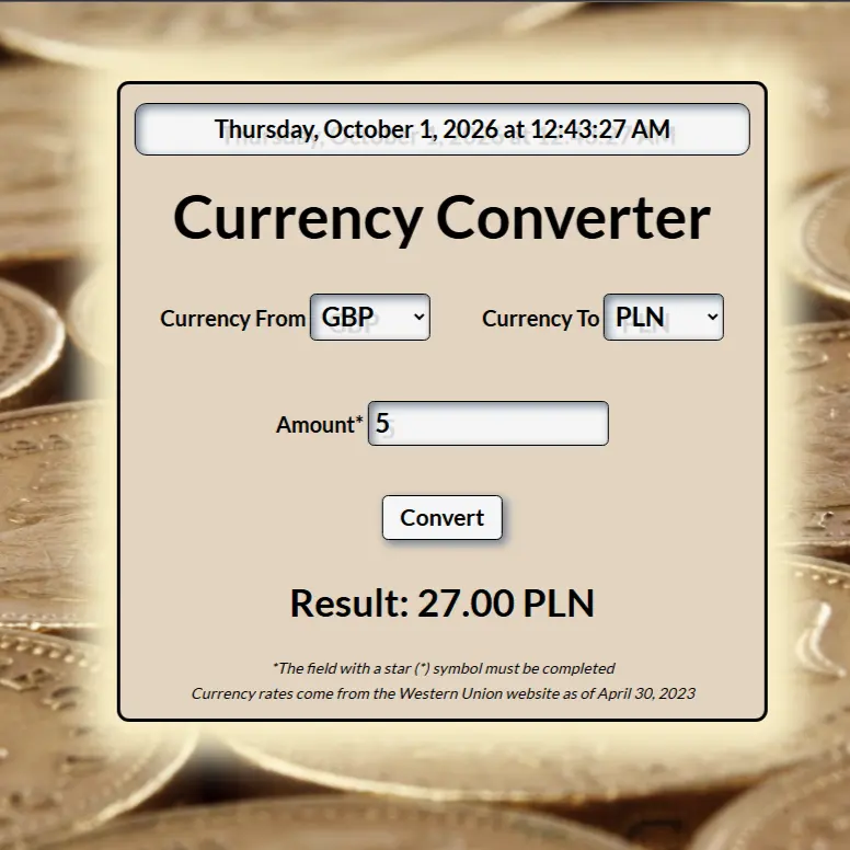 JavaScript currency converter with amount and currency selectors