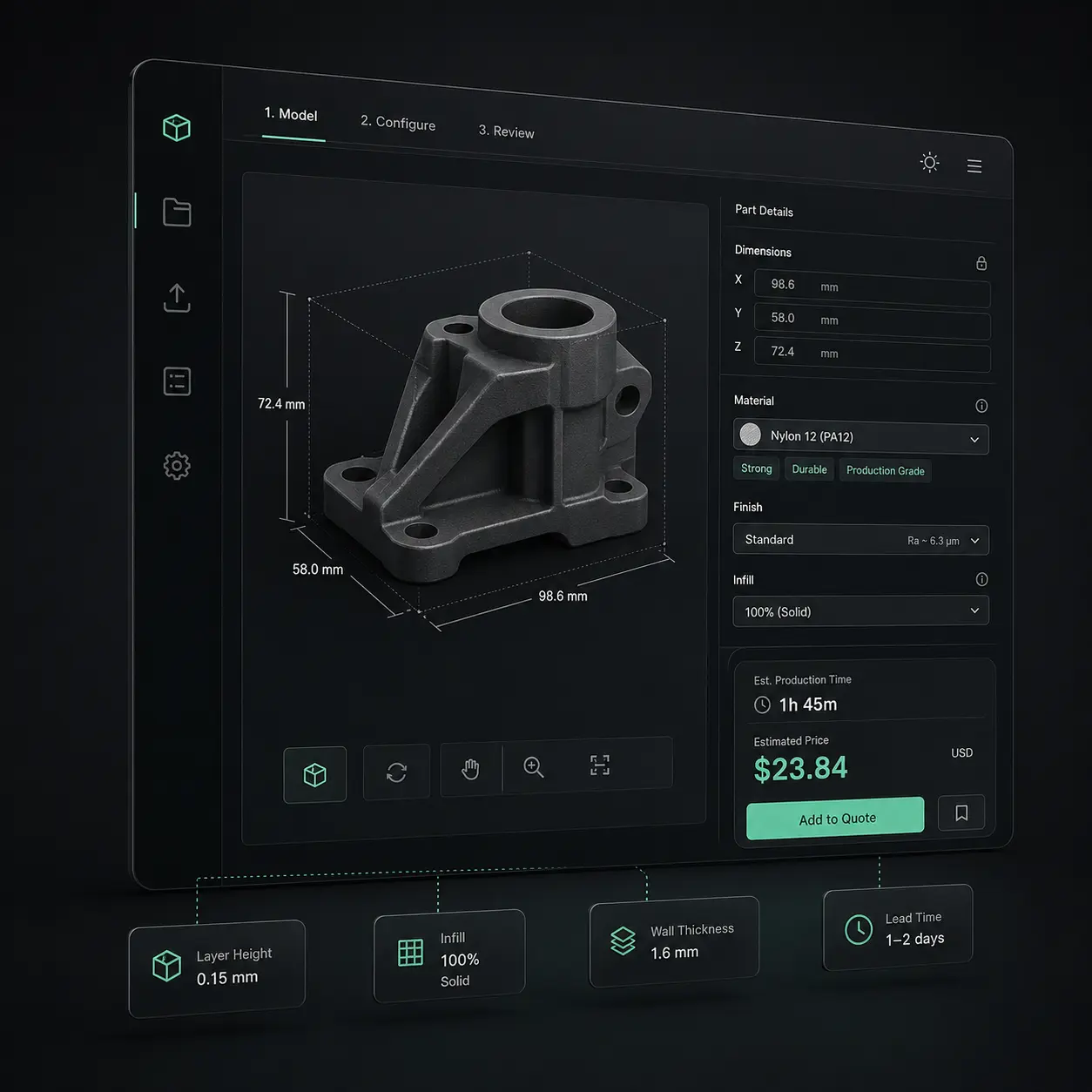Digital manufacturing quote configurator with a 3D part preview