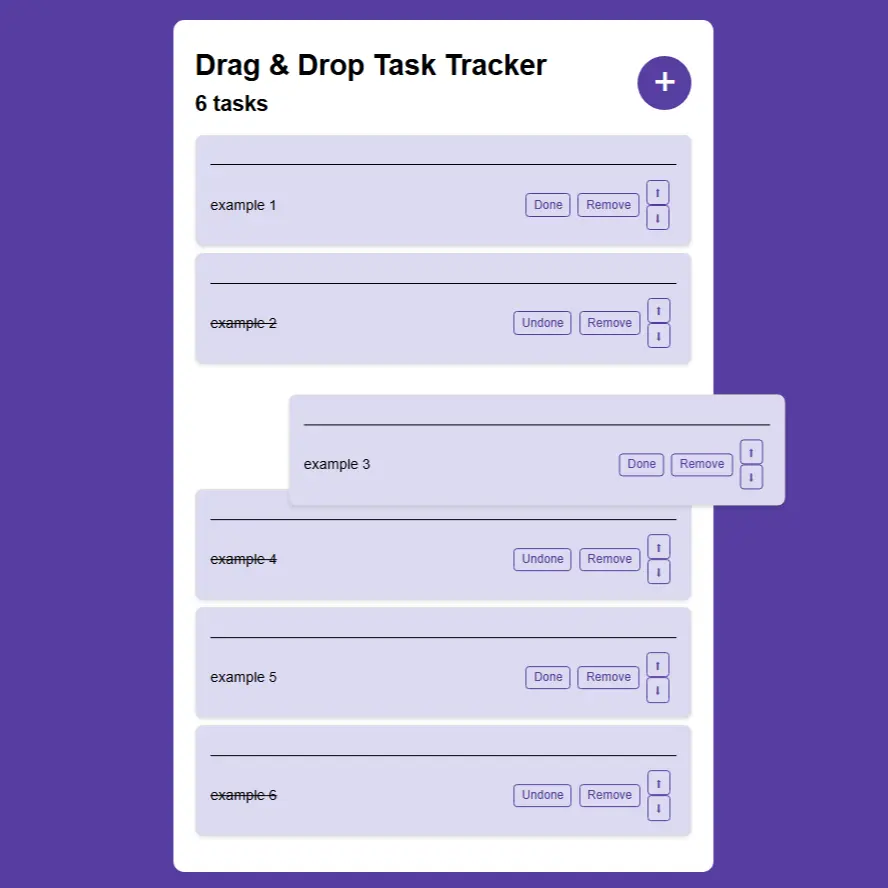 Purple drag and drop task tracker with movable task cards