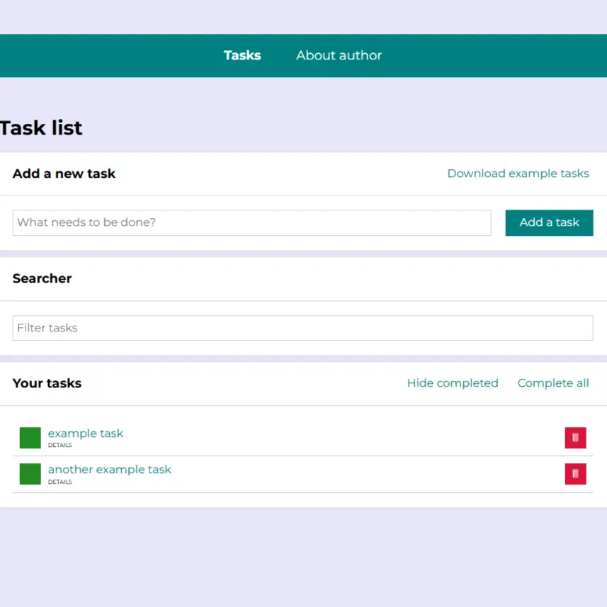 React task list with search, filtering and completion controls
